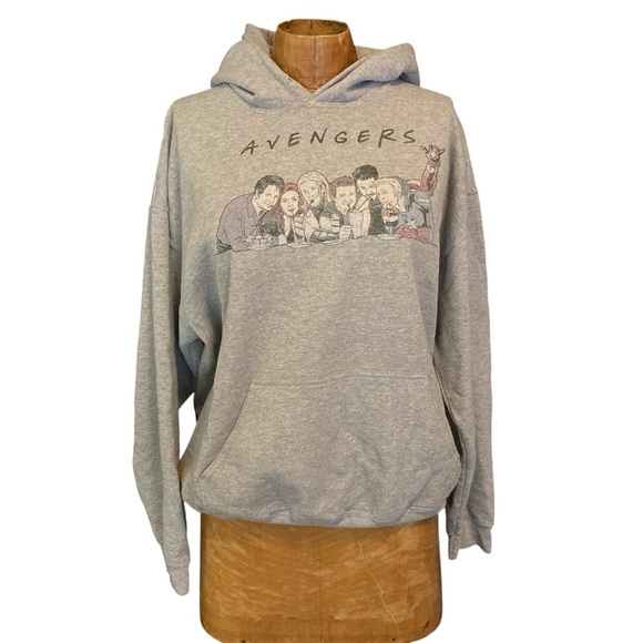 Avengers in Friends Milkshake Pose Gildan Grey Hoodie | Missing Drawstring - Picture 2 of 8